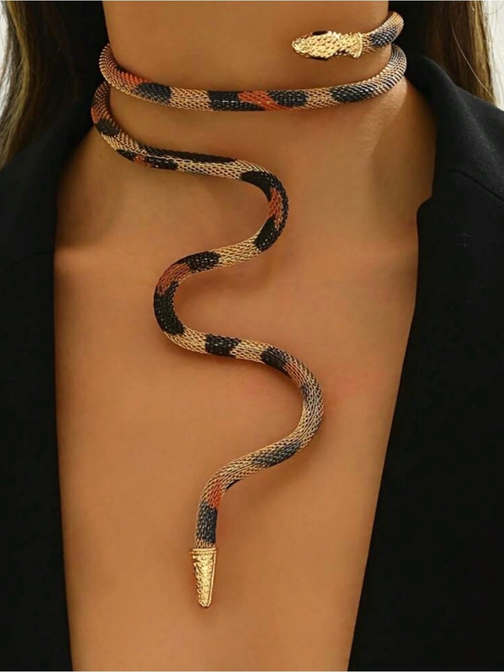 Gold-Tone Snake Wrap Choker Necklace in Black, Beige & Terracotta